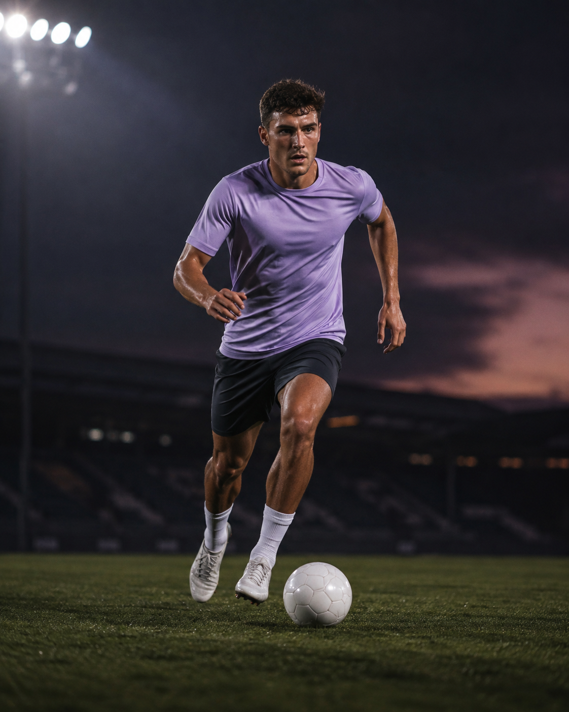Footballer in a lilac kit dribbling on a floodlit pitch